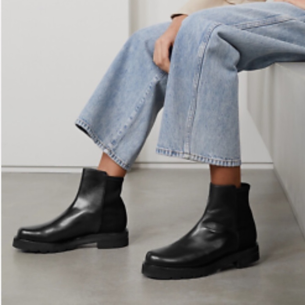 Stuart Weitzman 5050 Lift Black Nappa Leather Pull On Combat Ankle Boots Bootie
